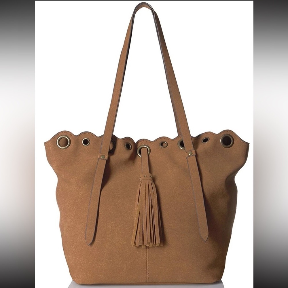 T-Shirt & Jeans faux-suede tote hobo brown bag scalloped edge tassel boho NWT